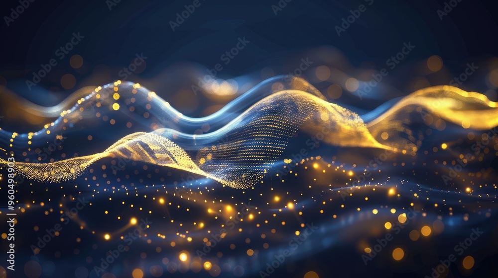 Canvas Prints abstract golden wave on a dark blue background with bokeh lights