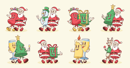 Groovy Christmas Retro Characters Set. Cartoon Santa, Tree, Reindeer, Snowman, Gift Box Vector Winter Holiday Mascot Templates. Happy Vintage Cool New Year Personage Illustrations Collection Isolated