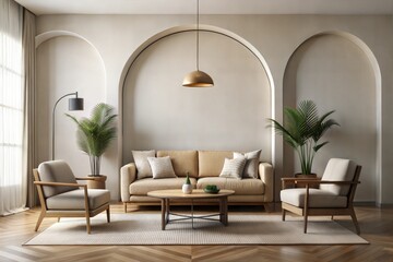 Modern living room with beige sofa and elegant archways