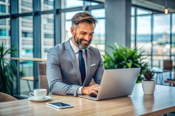 Businessman smiling while working on laptop in office