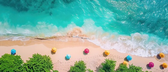 Obraz premium Serene Beach Paradise with Colorful Umbrellas from Above