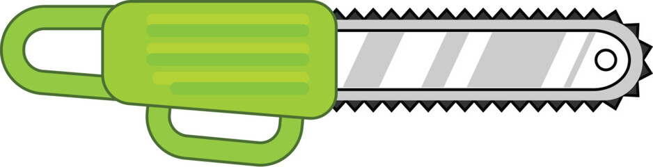 Green chainsaw lying horizontally and pointing right on a white background