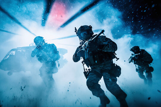 Navy SEALs fast-roping from a helicopter, night scene with tracers visible