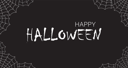 Happy Halloween text on black background with spider webs along the edges. Vector illustration.