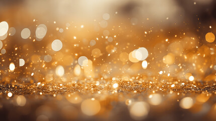 Particules et confettis scintillants et brillants volant sur fond flou et color&eacute;. Paillettes dor&eacute;es et color&eacute;es. Fond pour banni&egrave;re, conception et cr&eacute;ation graphique.