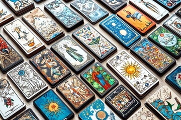 Obraz premium A vibrant collection of tarot cards showcasing intricate designs and symbols that inspire mystery and intuition.