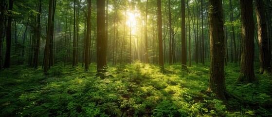 Obraz premium Tranquil Spring Beauty - Stunning Photograph of Lush Dense Forest Filled with Verdant Foliage and Sunlight Filtering Through the Canopy
