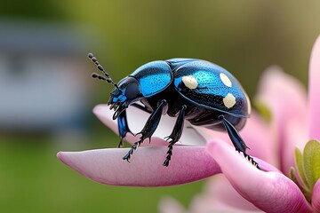 Beetles on magnolia blossoms, shiny armor, large petals add an element of strength to delicate...