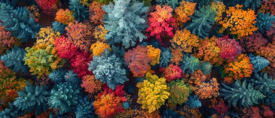 Vibrant Aerial View of a Multicolored Autumn Forest Canopy