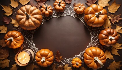 Pumpkins and candles in a wreath made of leaves, halloween holiday