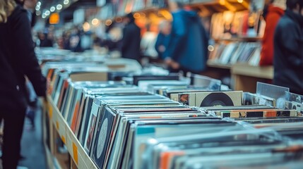 Obraz premium Vinyl Paradise: Record Fair Buzzes with Collectors and Spinning Sounds