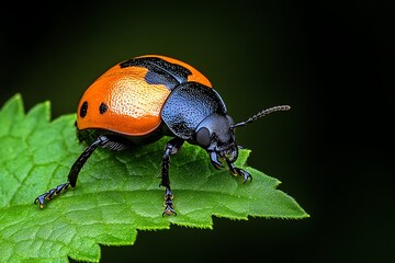 Naklejka premium Beetles, feeding on leaves, tiny herbivores show the complexity of plant-insect interactions