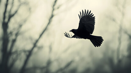 Fototapeta premium Beautiful black raven, crow in flight