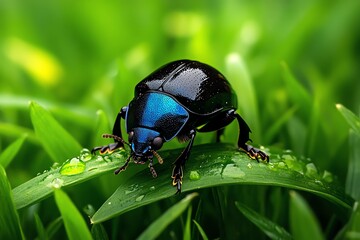 Fototapeta premium Beetles, in a meadow, crawling through grass contribute to the health of the ecosystem