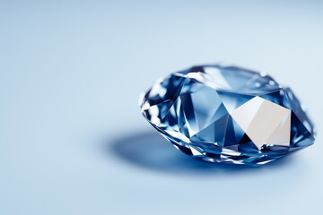 Fototapeta premium A stunning blue diamond rests on a light blue surface, showcasing its intricate cuts and brilliant reflections in the gentle light, emphasizing its beauty and rarity
