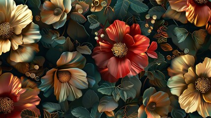 Fototapeta premium Golden and Red Floral Pattern on Dark Green Leaves