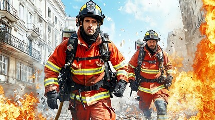 Fototapeta premium Two brave firefighters respond to a firefighting emergency amidst flames and debris, showcasing courage and resilience.