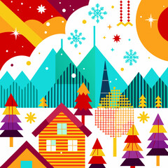 Obraz premium Vibrant winter landscape with colorful geometric trees, houses, and snowflakes against a bright background