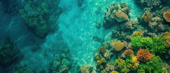 Obraz premium Tropical Paradise: Aerial View of Lively Coral Reef Under Crystal Clear Ocean Waters
