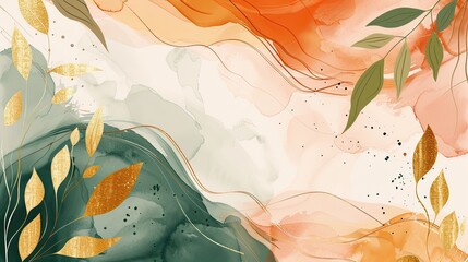 Abstract Watercolor Painting with Golden Leaves and Fluid Lines