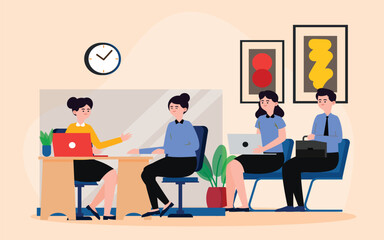 General 500xA detailed illustration of people waiting for a job interview. The candidates display a range of emotions and body language, from nervous anticipation to quiet confidence.500