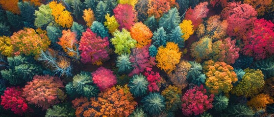 Fototapeta premium Vibrant Aerial View of Autumn Colors: Golden Forest, Red Trees, Fall Foliage Beauty from Above