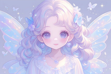 Fototapeta premium A beautiful fairy with iridescent wings, delicate flowers, and sparkling eyes.