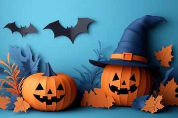 Fototapeta premium Halloween decorations with jack-o'-lanterns, bats, and a witch hat on a blue background. Festive and spooky holiday theme.