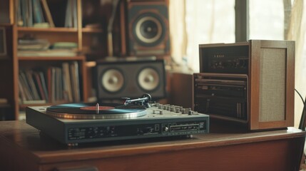 Fototapeta premium Vintage Turntable Revival: Classic Vinyl Sounds with Retro Amp & Speakers