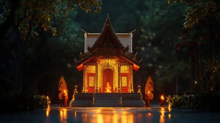 Obraz premium Illuminated Buddhist Temple Pagoda Glowing in Nighttime Atmosphere