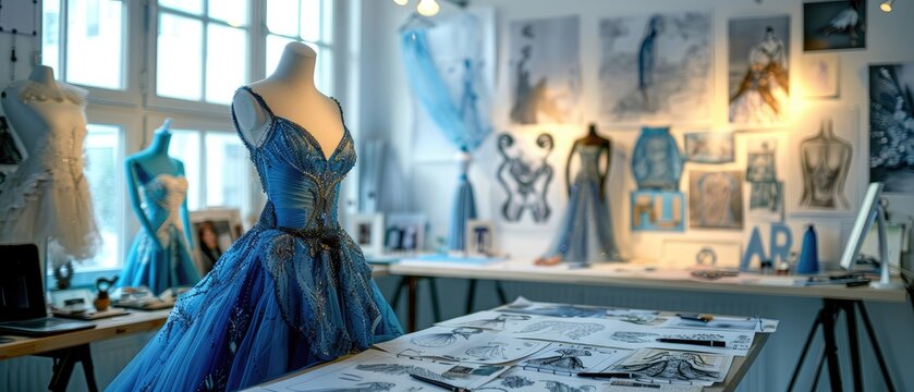 A Blue Dress on a Mannequin in a Fashion Studio
