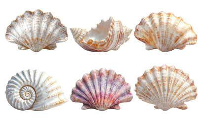 Obraz premium Seashells and ammonite fossils set in natural tones isolated on transparent background