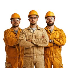 Three Confident Workers in Yellow Uniforms Stand Ready, Arms Crossed, Against a Pure White Background.