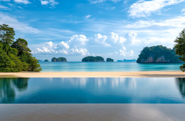 View from the pool on the beach to the green tropical coastline, blue ocean and islands