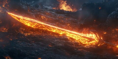 Naklejka premium Fiery sword resting on volcanic rock.