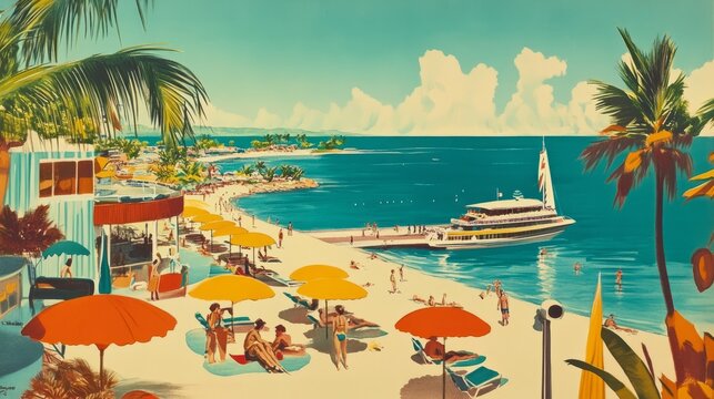 Step Back in Time: Vibrant 1950s Beach Resort Vintage Travel Poster