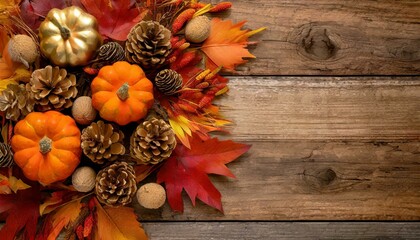 A festive Thanksgiving arrangement with a rustic wooden background, featuring fall foliage, red and...