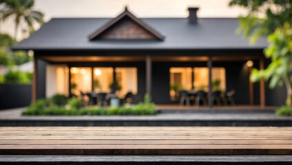 Fototapeta premium The empty black wooden table top with blur background of house exterior. For product display