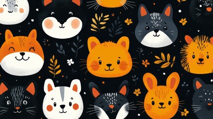 animal pattern art, banner with adorable animal faces repeated in a pattern, ideal for animal lovers