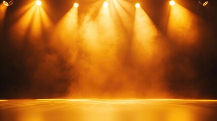Dramatic stage lighting with golden hues and smoke, perfect for artistic performances and theatrical productions.