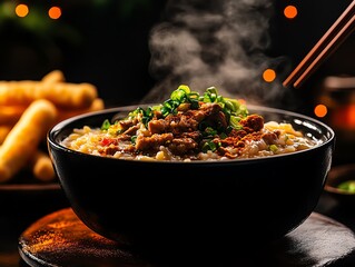 A bowl of congee with century egg and pork, garnished with fresh ginger and green onions, served with a side of fried dough sticks