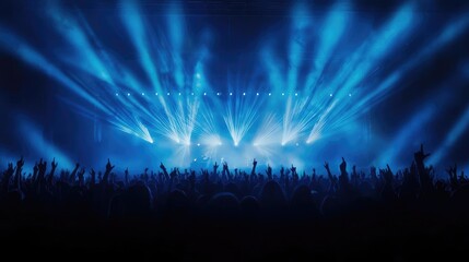A vibrant live concert scene filled with energetic fans and stunning blue light beams illuminating the atmosphere.