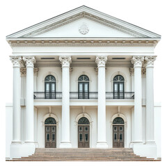 Obraz premium A Majestic Neoclassical Facade: Exquisite White Columns Gracefully Frame Arched Windows and Double Doors, Leading to a Grand Entrance.