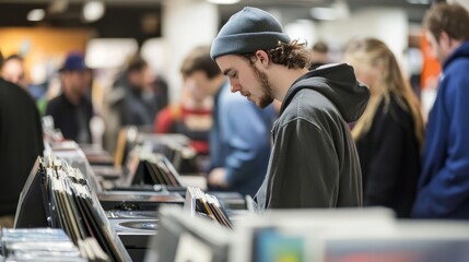 Fototapeta premium Vinyl Record Fair: Browse Rare Albums & Listen to Classics on Turntables
