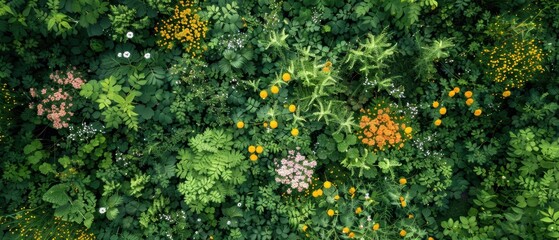 Serene Aerial View of Colorful Wildflowers in Full Bloom on a Lush Meadow