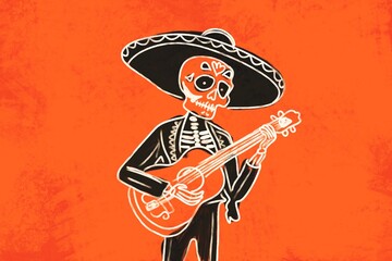 Skeleton musician in sombrero playing guitar on orange background