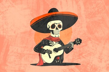 Skeletal mariachi musician in a sombrero playing guitar