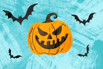 Spooky Halloween pumpkin and flying bats illustration