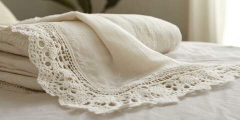 Obraz premium White fabric with delicate lace trim on bed.