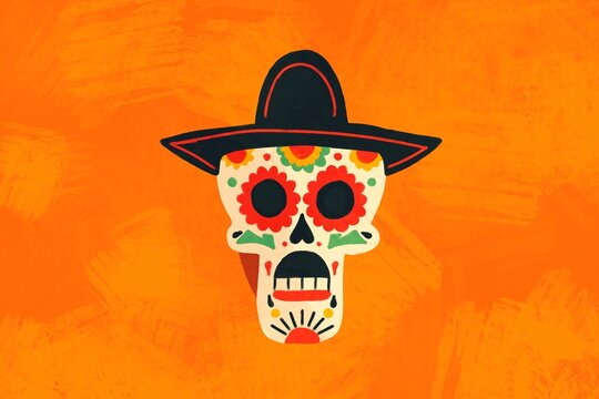 Colorful skull wearing hat on an orange background